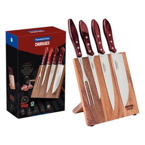 Juego para Asado Tramontina con Láminas de Acero Inoxidable y Mangos de Madera Tratada Polywood Rojo 5 Piezas