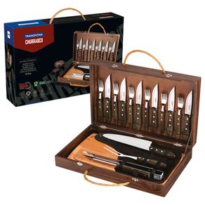Kit para asado Tramontina con Cubiertos Jumbo de Acero Inoxidable, Mango Castaño Polywood con Tabla y Estuche de Madera, 17 piezas.