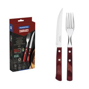 Juego de Cubiertos para Asado Tramontina con Lâminas de Acero Inoxidable y Mangos de Madera Tratada Polywood Rojo 12 piezas.