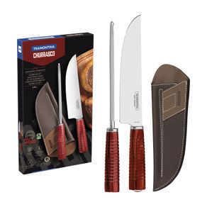 Juego de Cuchillos Tramontina con Láminas de Acero Inoxidable y Mangos de Madera Tratada Polywood Rojo con Afilador 02 Piezas