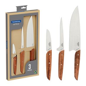 Juego de Cuchillos Tramontina Verttice con Láminas en Acero Inoxidable y Mangos de Madera Natural 03 Piezas