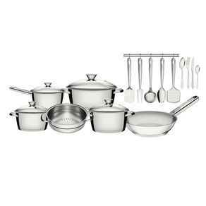 Batería de cocina Allegra de acero inoxidable con fondo triple de 40 piezas Tramontina