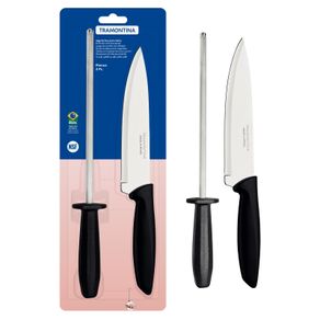 Juego de Cuchillo con Afilador Tramontina Plenus con Láminas en Acero Inoxidable y Mangos de Polipropileno Negro 2 Piezas