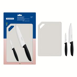 Kit para Carnes y Legumbres Tramontina Plenus con Láminas en Acero Inoxidable Mangos de Polipropileno Negro y Tabla para Cortar 3 Piezas