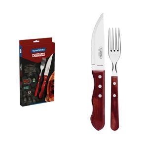 Juego de Cubiertos Jumbo para Asado Tramontina de Acero Inoxidable y Mango Rojo Polywood 4 piezas.