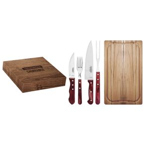 Kit para Asado Tramontina con Láminas de Acero Inoxidable y Mangos de Madera Polywood Rojo con Caja de Cartón 15 Piezas