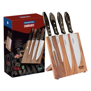 Juego para Asado Tramontina con Láminas de Acero Inoxidable y Mangos de Madera Polywood Castaño 5 Piezas