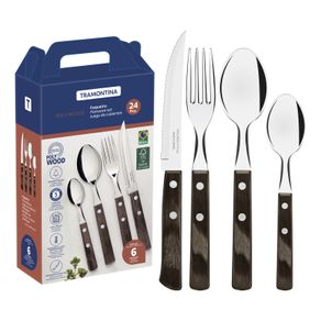 Juego de cubiertos Tramontina Polywood con Láminas de Acero Inoxidable y Mangos de Madera Tratada Castaño 24 Piezas