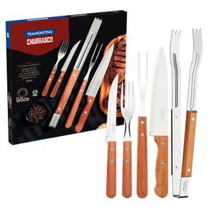 Kit para Asado Tramontina con lámina de Acero Inoxidable y Mangos de Madera Natural, 15 piezas.