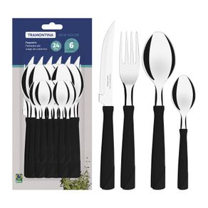 Juego de Cubiertos Tramontina New Kolor con Láminas de Acero Inoxidable y Mangos de Polipropileno Negro 24 Piezas