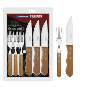 Juego de Cubiertos para Asado Tramontina Dynamic con Láminas en Acero Inoxidable y Mangos de Madera Natural 12 Piezas
