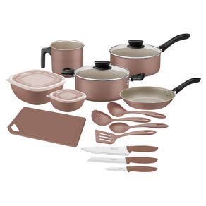 Batería de Cocina Tramontina en Aluminio con Revestimiento Interno y Externo en Antiadherente Starflon Max Mocaccino 14 Piezas