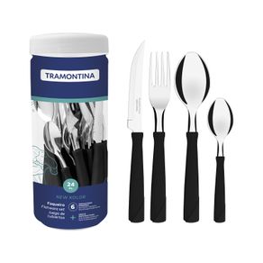 Juego de Cubiertos Tramontina New Kolor con Láminas de Acero Inoxidable y Mangos de Polipropileno Negro 24 Piezas
