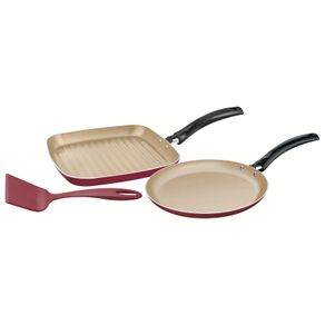 Juego de Bifera y Panquequera Tramontina Turim en Aluminio con Revestimiento Interno Antiadherente Starflon Max Rojo 03 Piezas