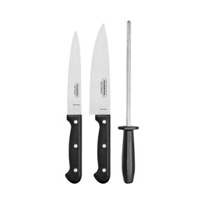 Juego de Cuchillos con Chaira Tramontina Ultracorte con Láminas de Acero Inoxidable y Mangos de Polipropileno Negro, 3 Piezas