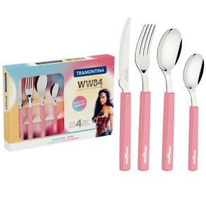 Juego de Cubiertos Tramontina Mujer Maravilla 1984 con Láminas de Acero Inoxidable y Mangos de Polipropileno Rosado 16 Piezas